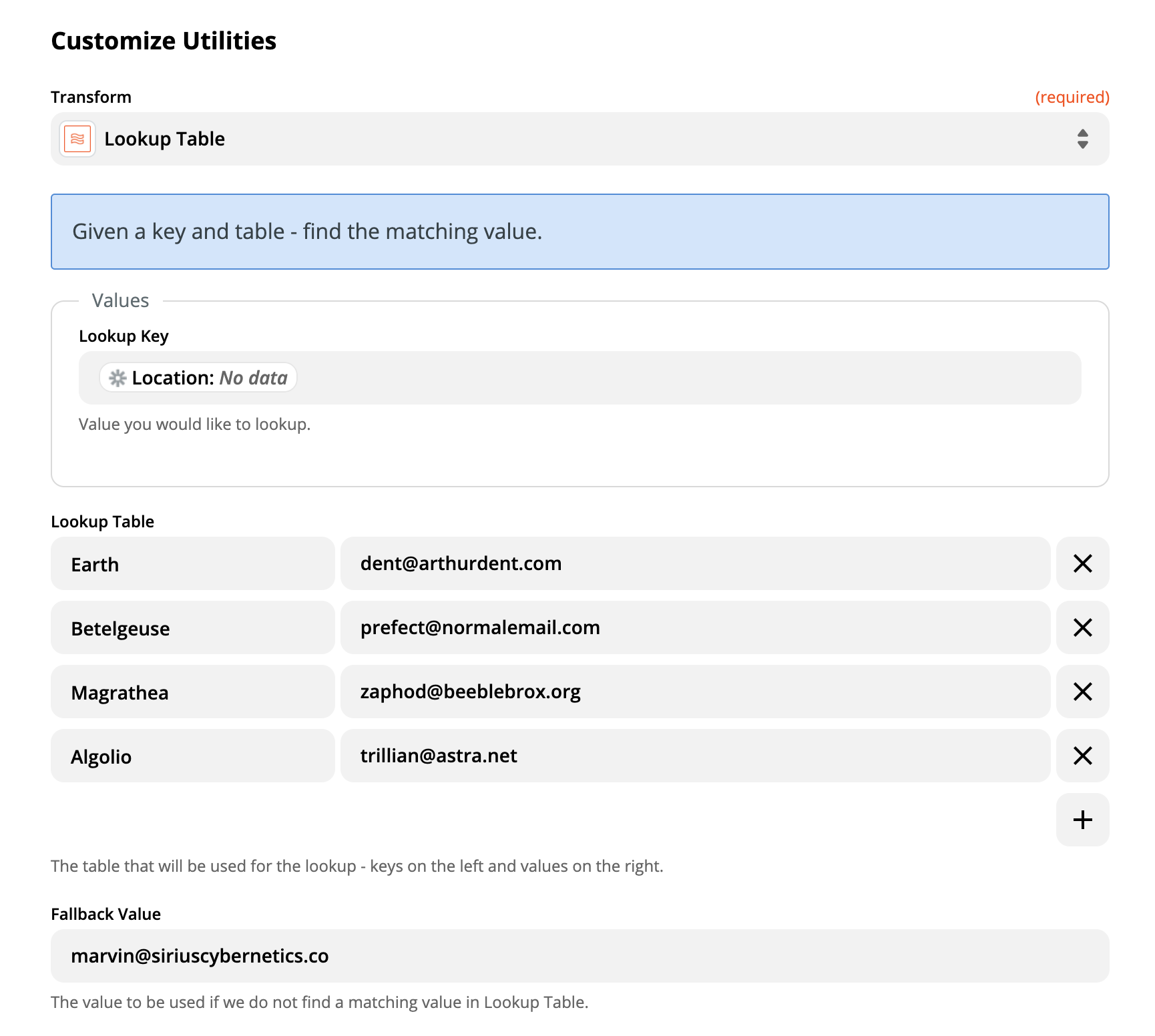 Example of a Lookup Table with all of the fields filled in. Values that we might expect to appear in the input are listed in the left-hand column, while the corresponding values that we want this action to output are listed in the right-hand column.