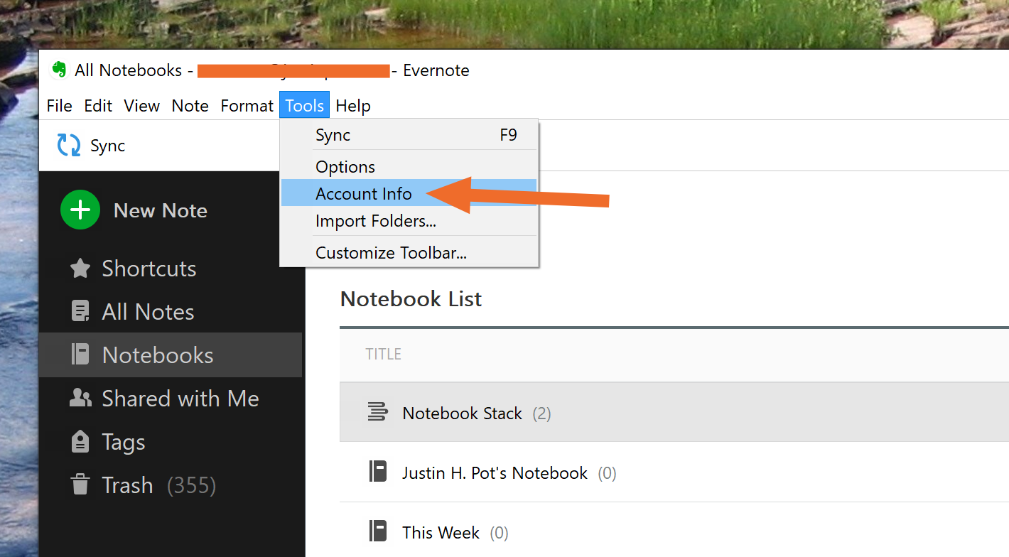 Evernote windows menu