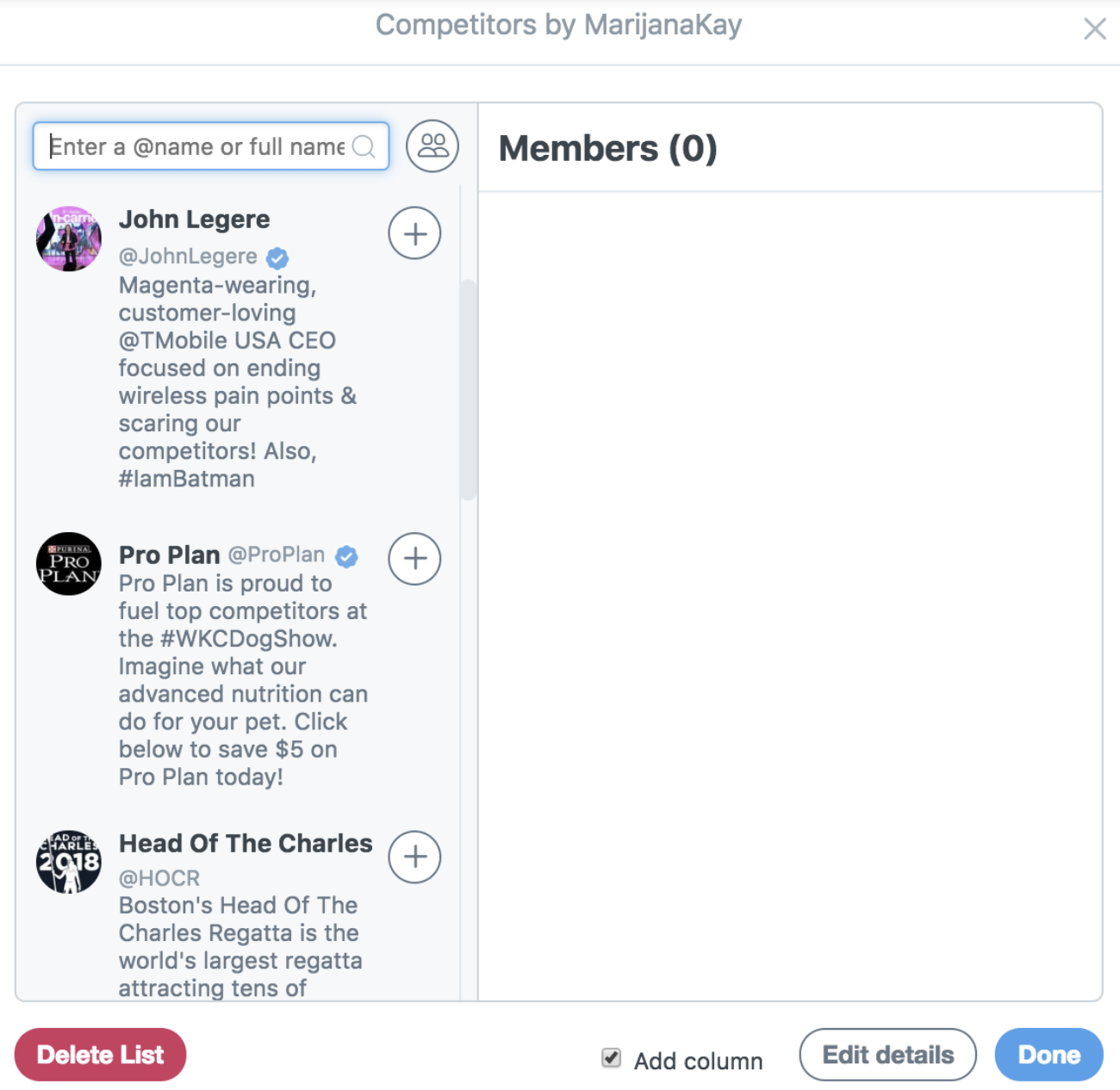 Creating Twitter lists in TweetDeck