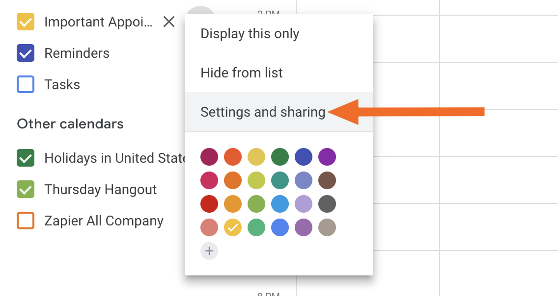 Google Calendar settings and sharing