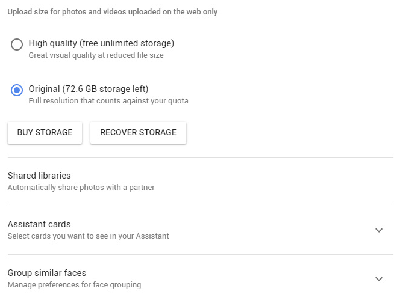 Google Photos settings