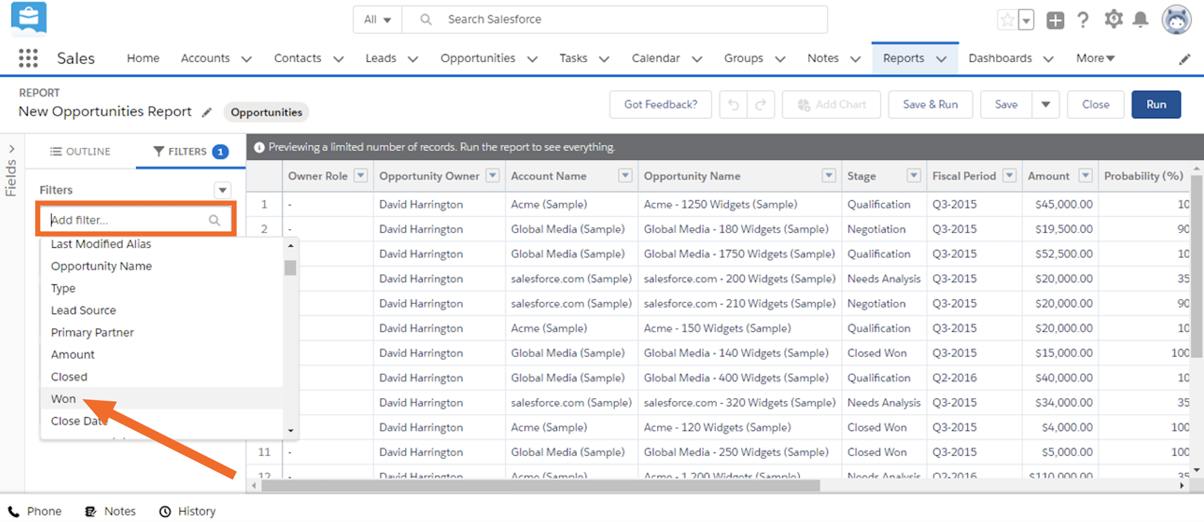 Adding filter to see only the opportunities that were closed as Won for the quarter.