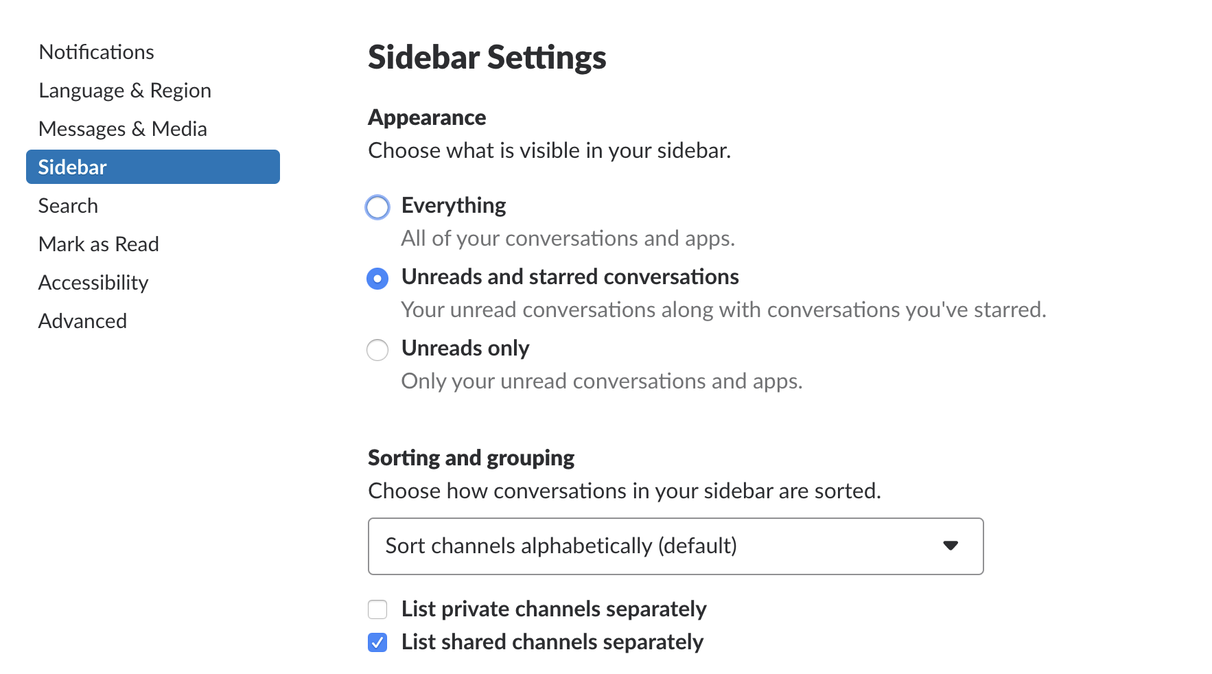 Slack sidebar settings