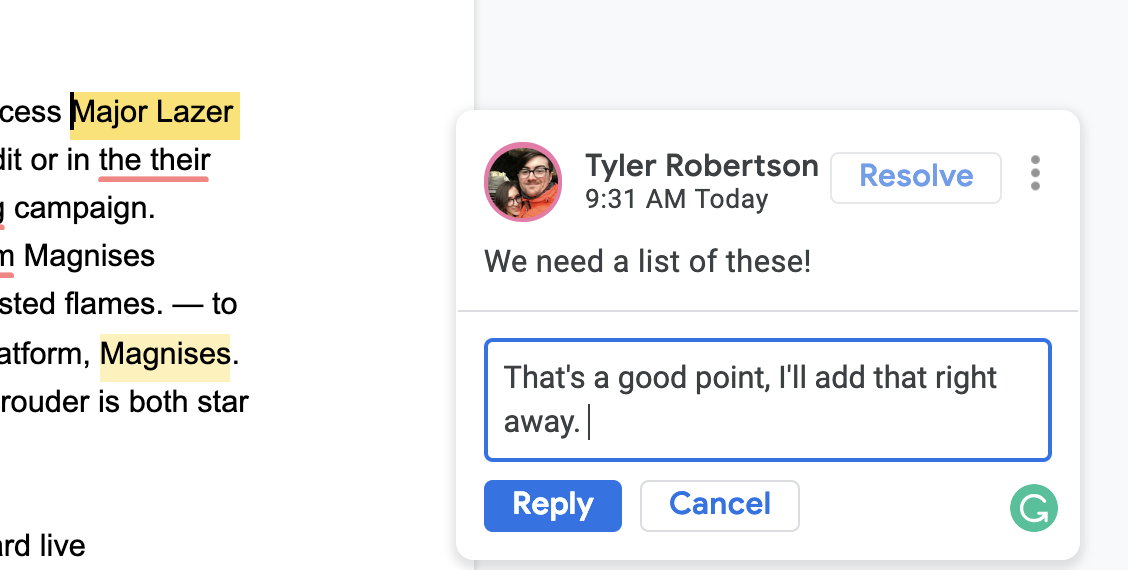 Google Docs conversation