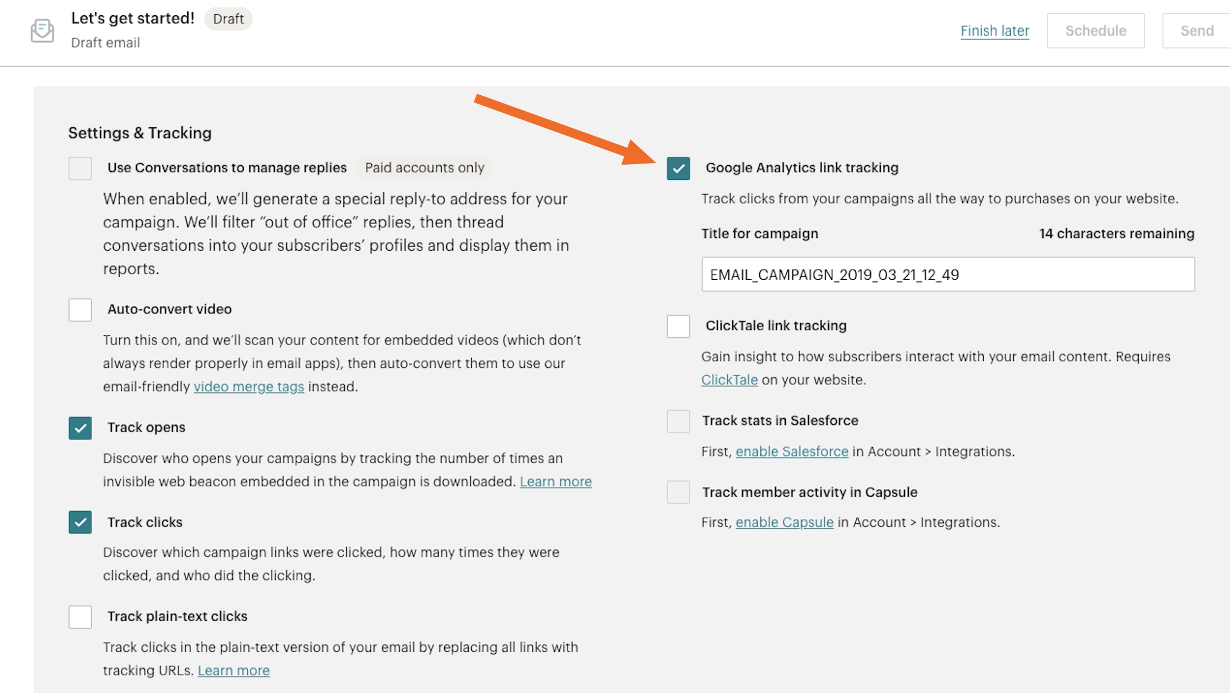checkbox next to Google Analytics link tracking