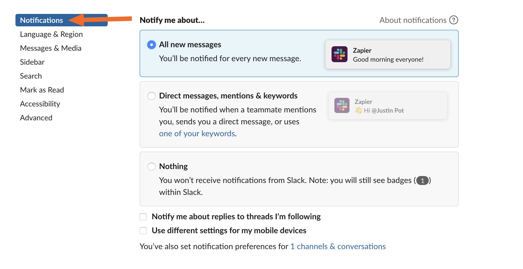 Slack notification settings