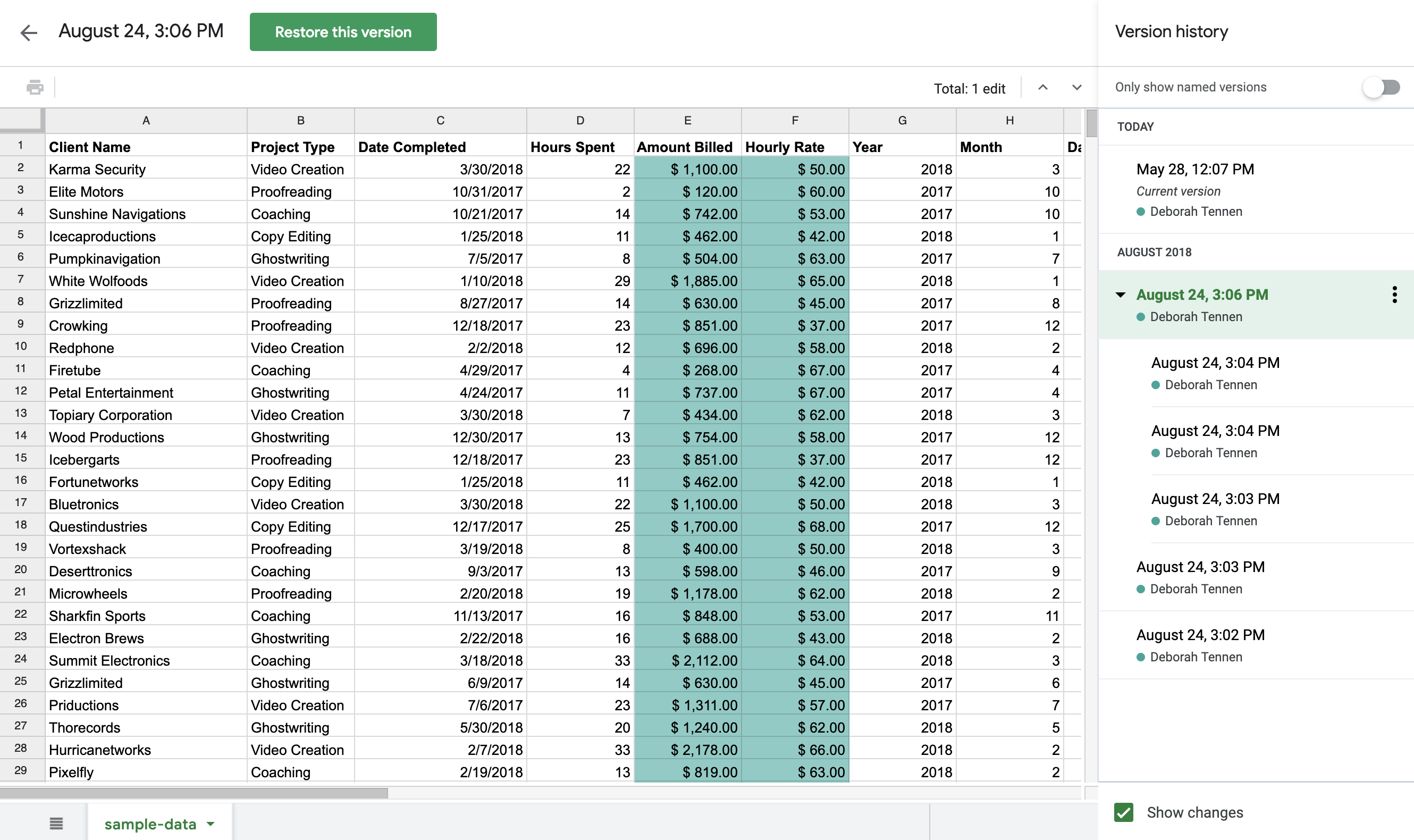 Google Sheets screenshot showing version history