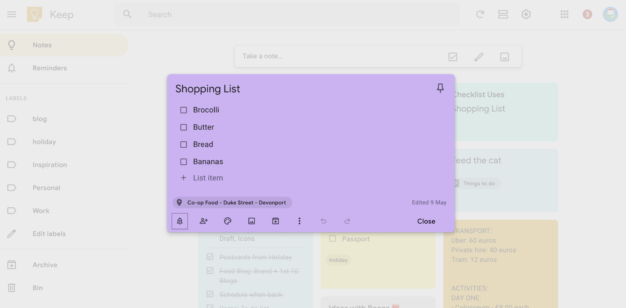 Google Keep reminders