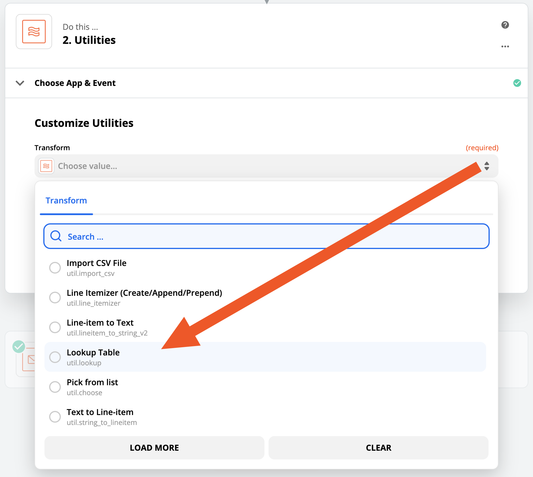 Arrow pointing to Lookup Table in the Transform menu