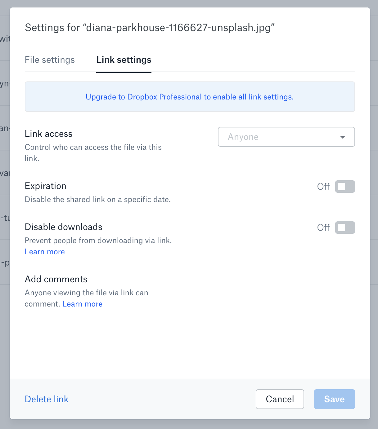 Dropbox link settings