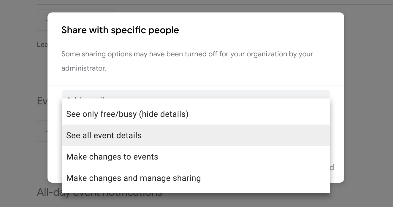 Permissions for sharing a calendar