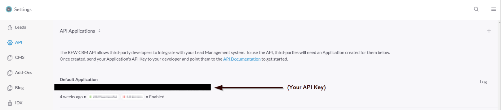 Real Estate Webmasters API Key in account