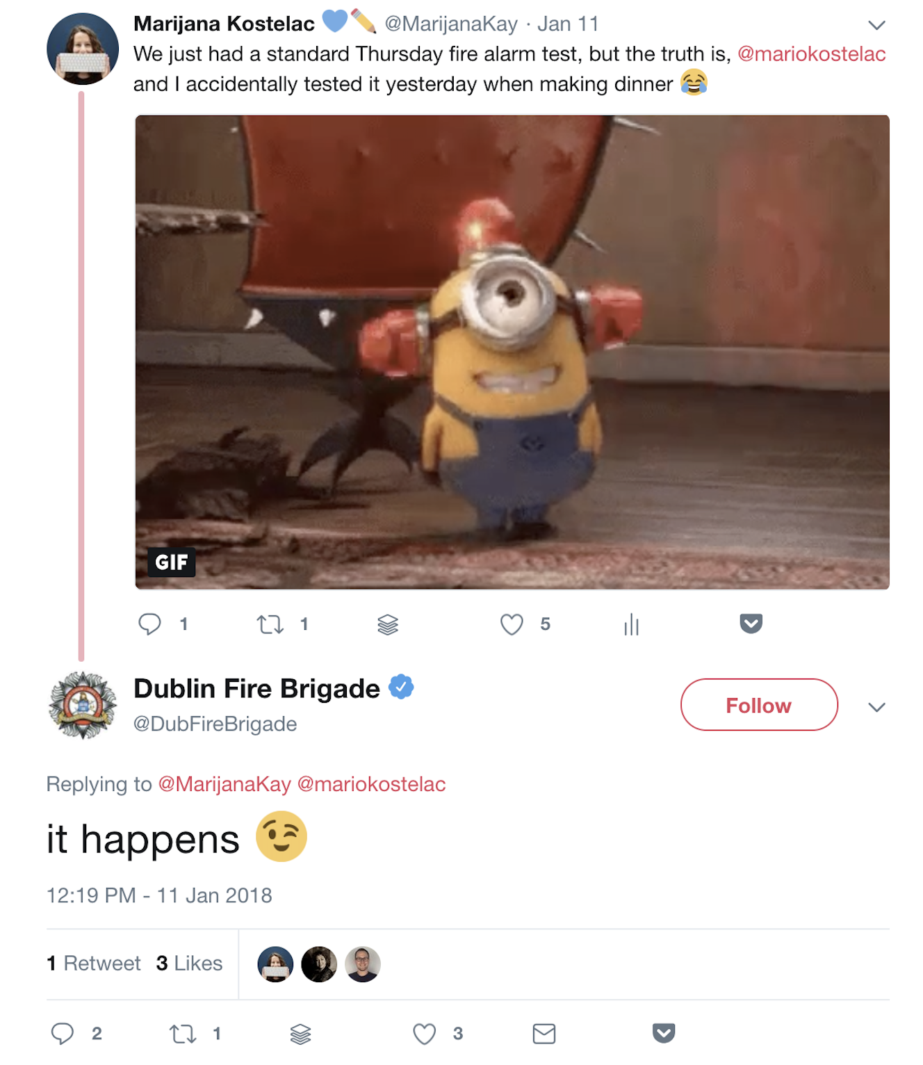 Dublin Fire Brigade's reactions to relevant tweets