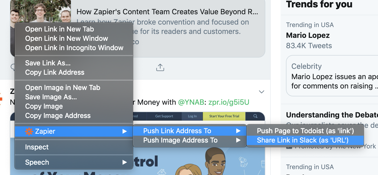 You can use context menus to select links and send them to other apps.