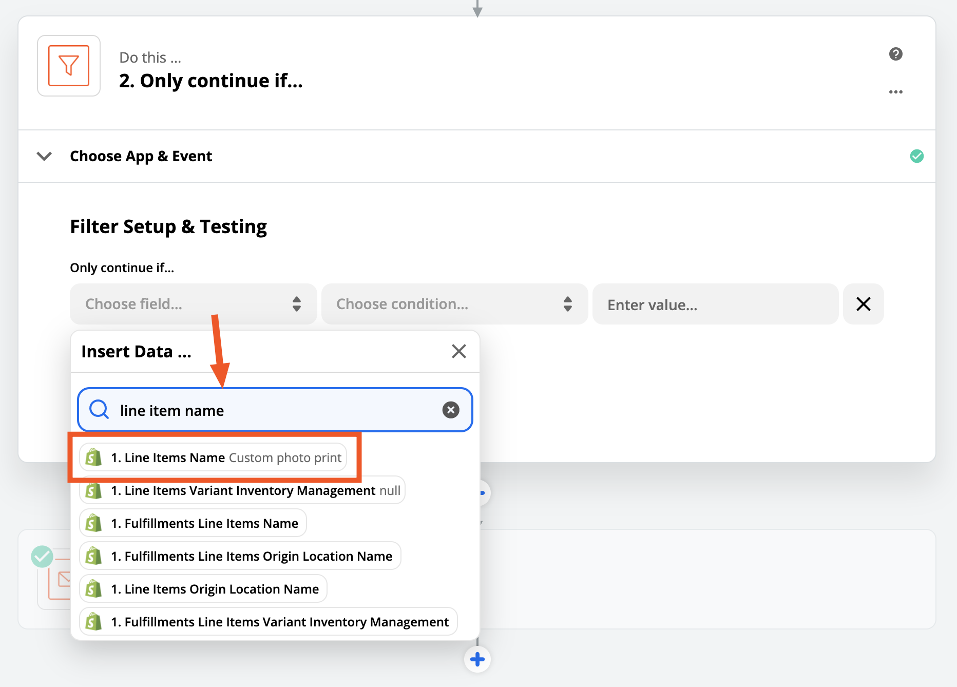 Selecting fields in a Filter step.