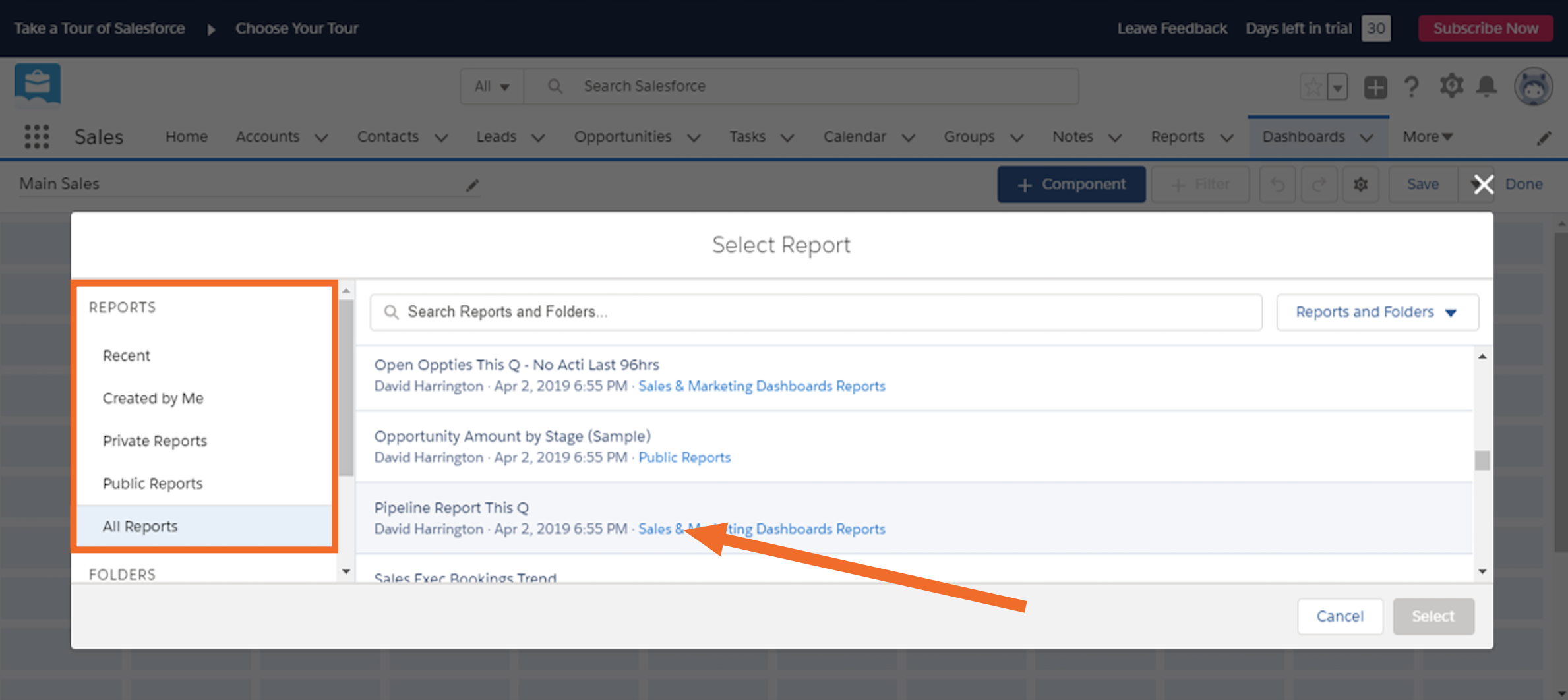 Selecting the pre-built report for pipeline by current quarter