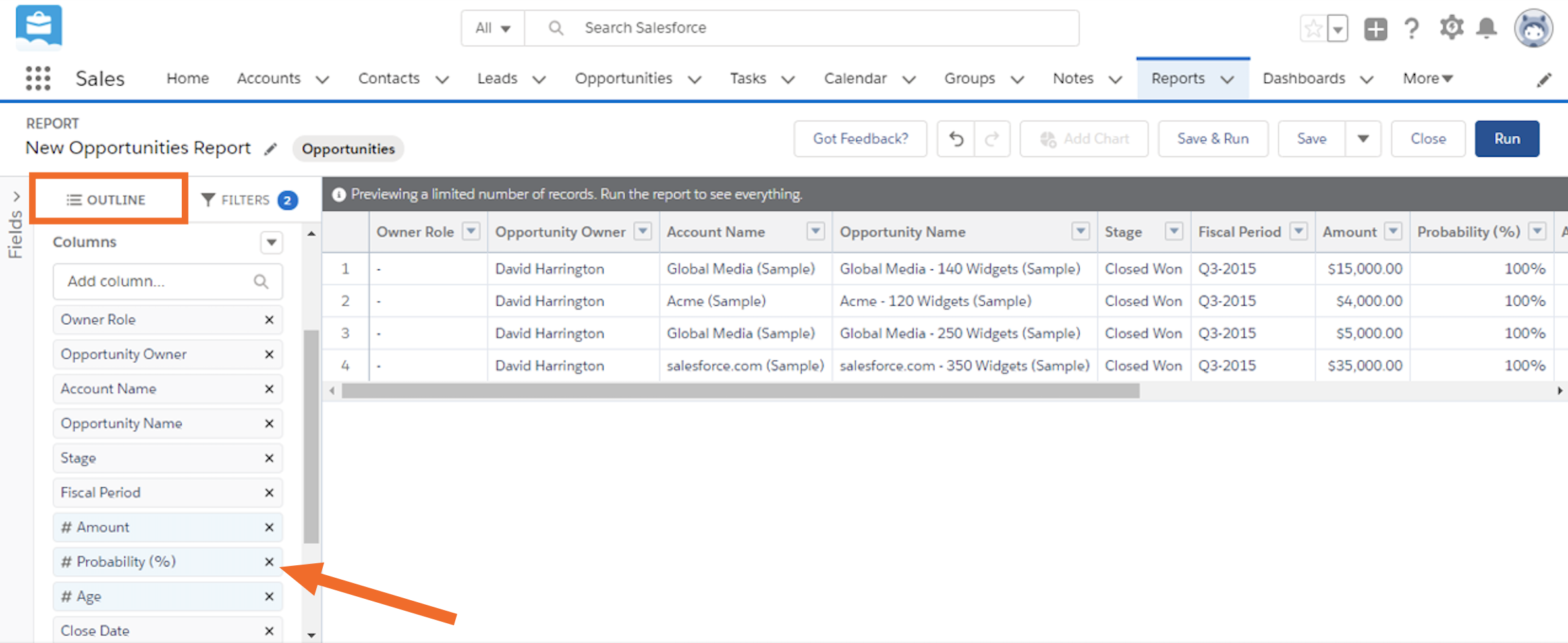 The Outline tab, showing a list of data you can remove, with an arrow toward the x next to Probability