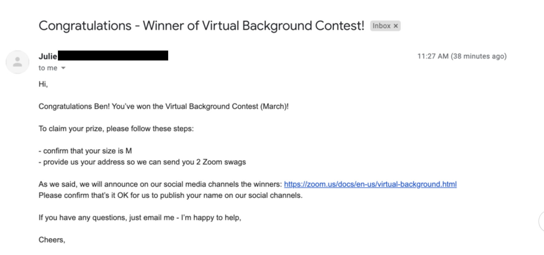 Screenshot of the email telling him he'd won.