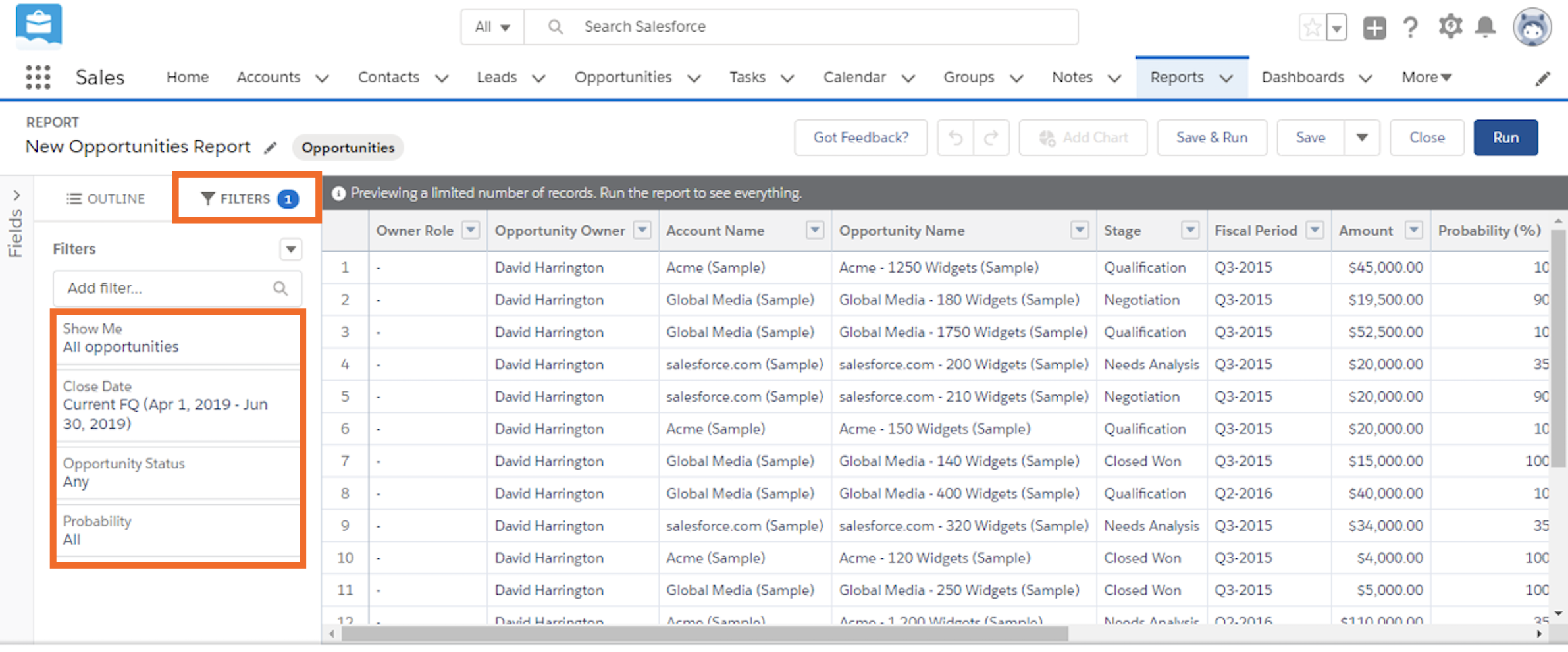 Setting filters to show all current sales opportunities in the current fiscal quarter for the entire company