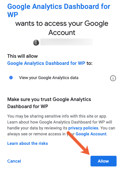allow GADWP access to Google Analytics