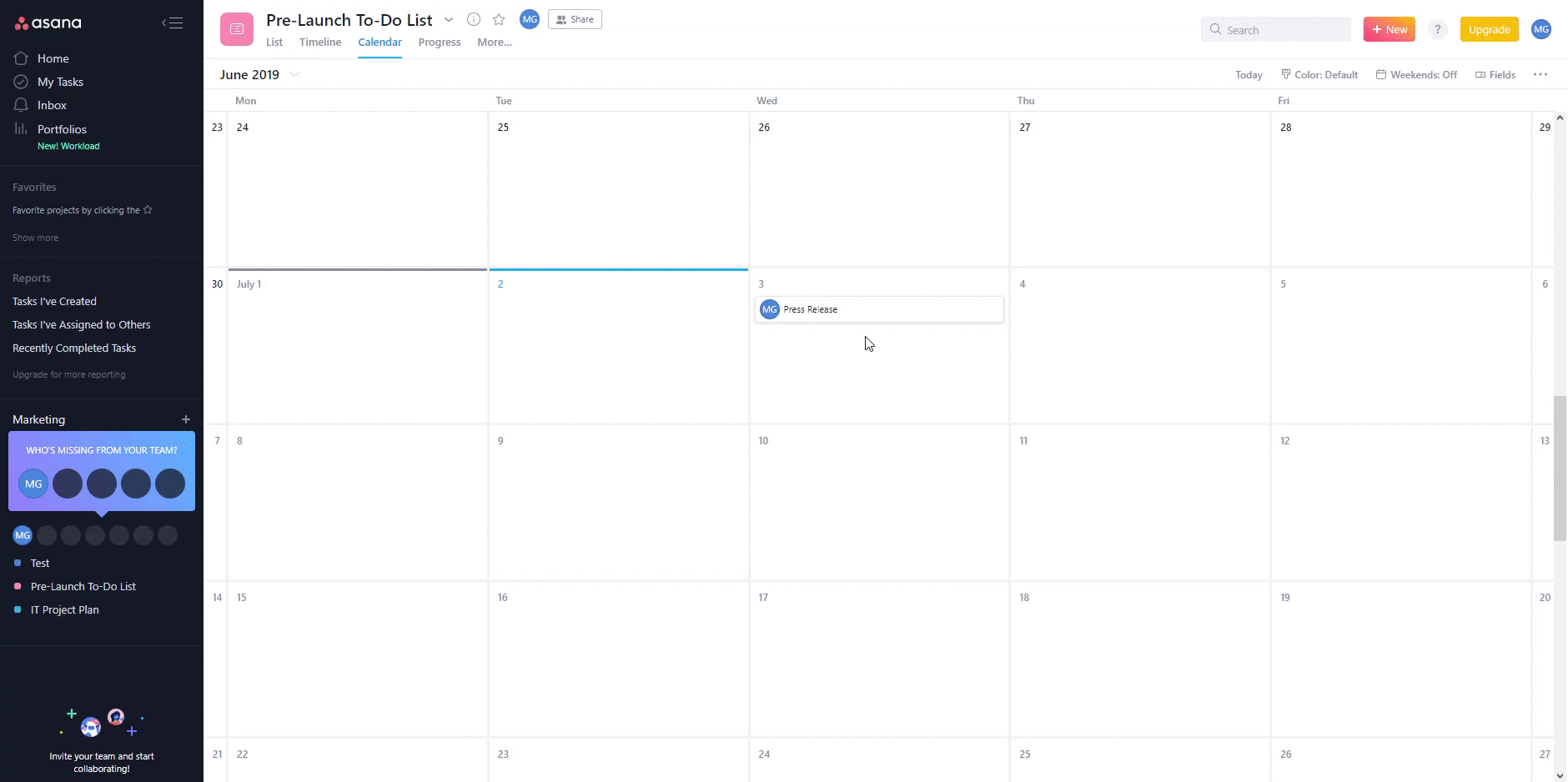 Asana calendar view