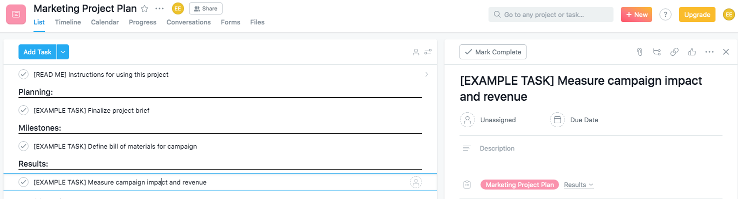 Asana template example