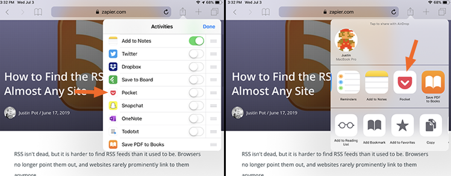 Share to Pocket on Apple's Safari