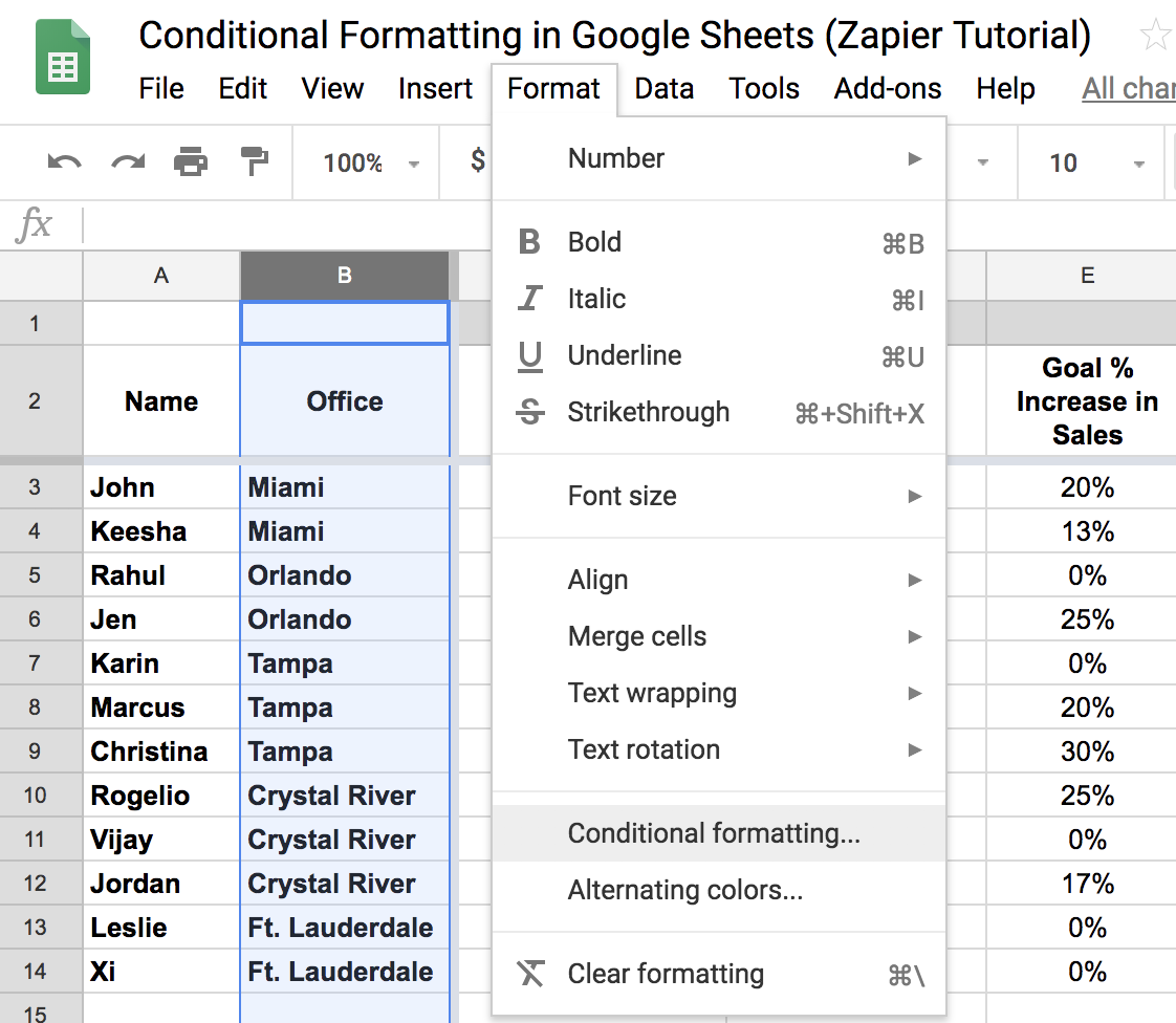 Selecting Format, Conditional Formatting