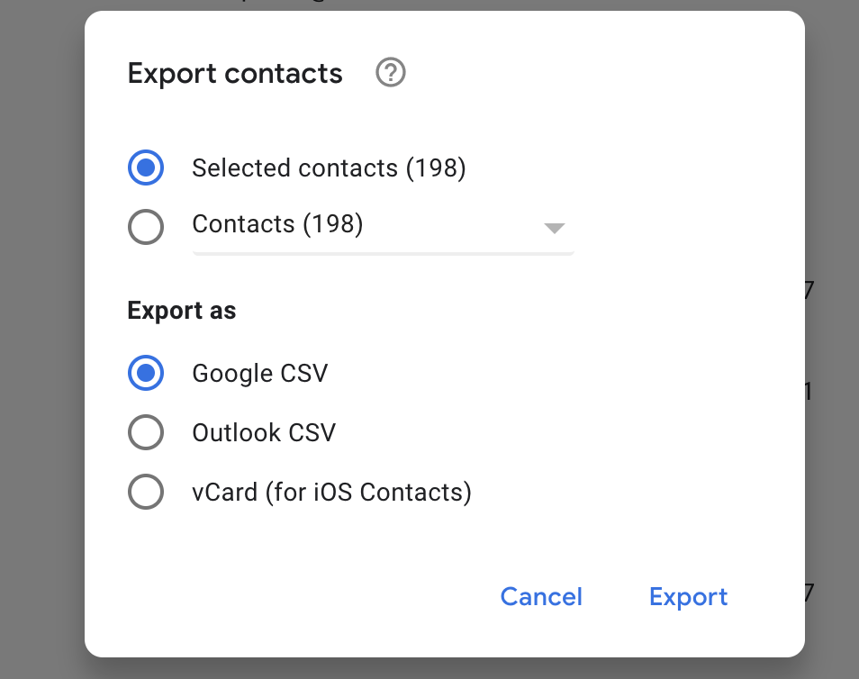 Export options in Google Contacts