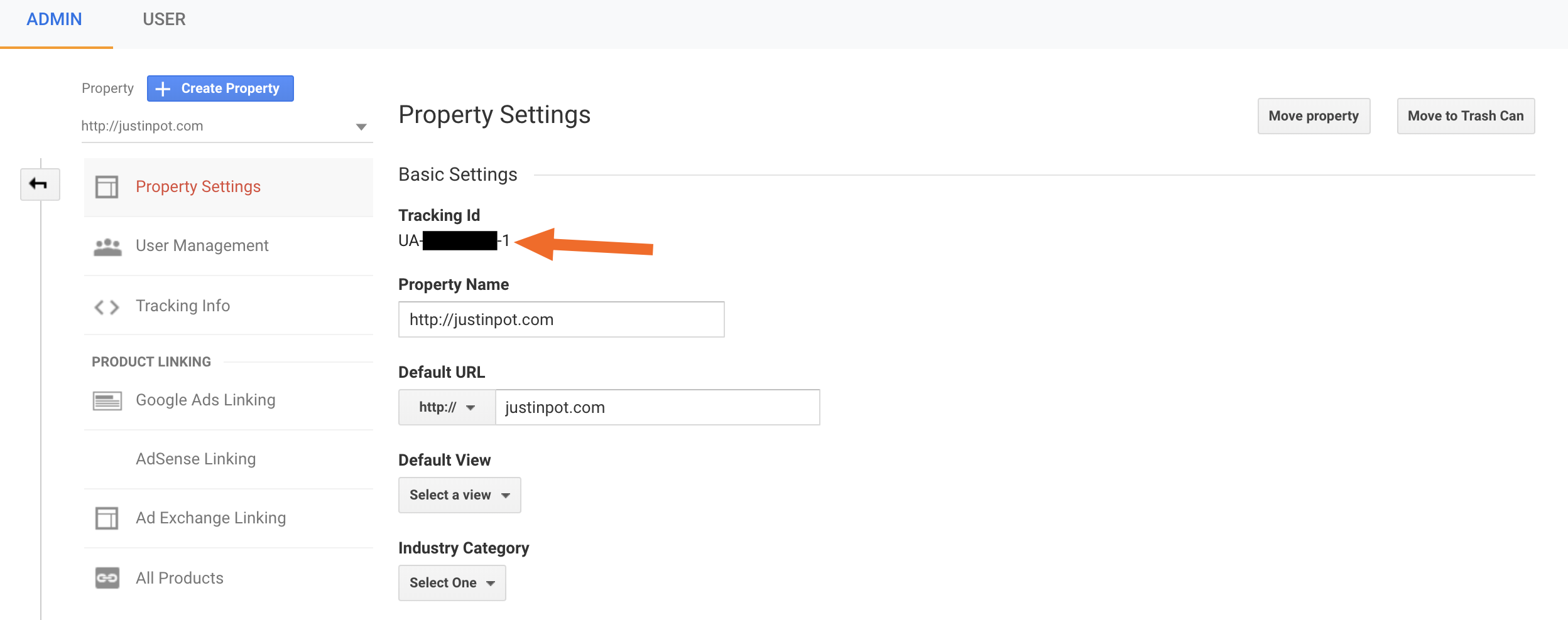 Finding the Tracking ID in Google Analytics