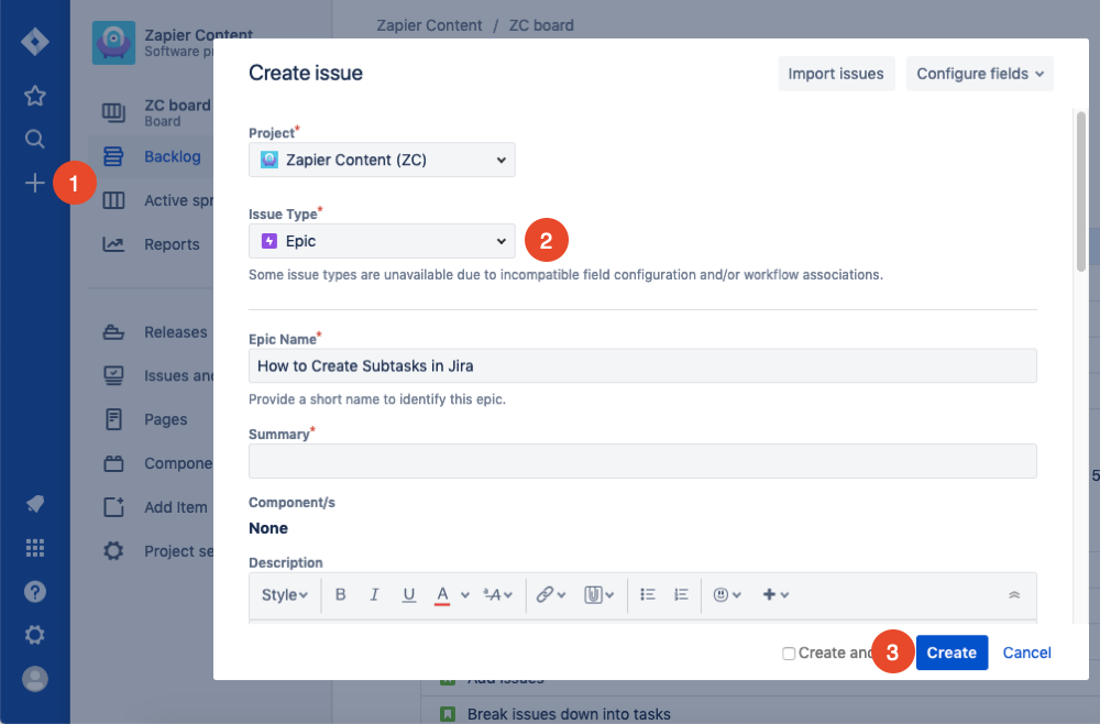 create an epic in Jira