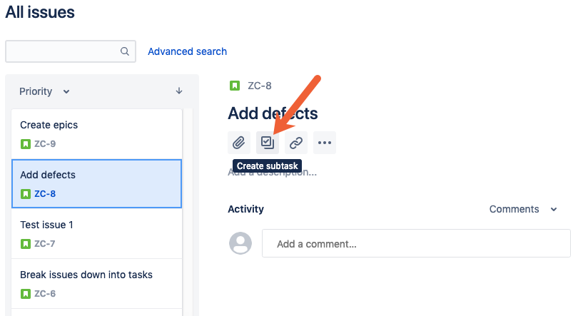 create issue subtasks in Jira