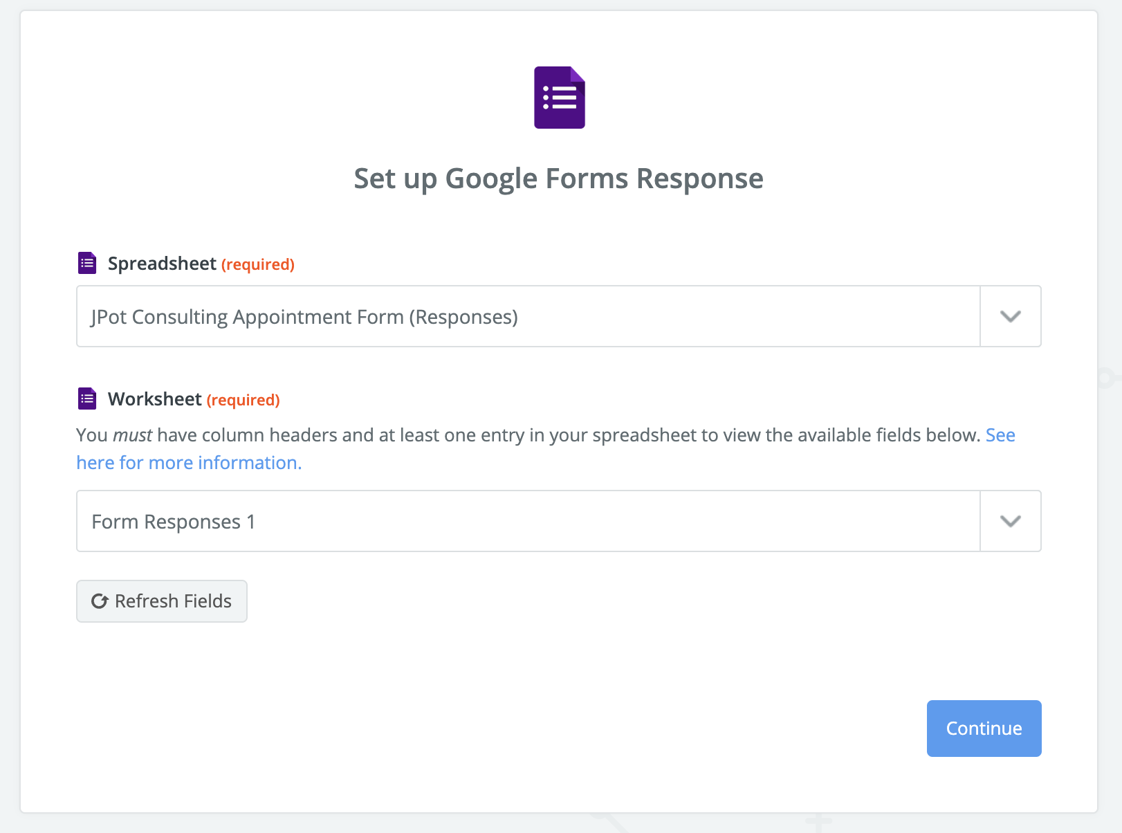 Google Forms choose spreadsheet and worksheet