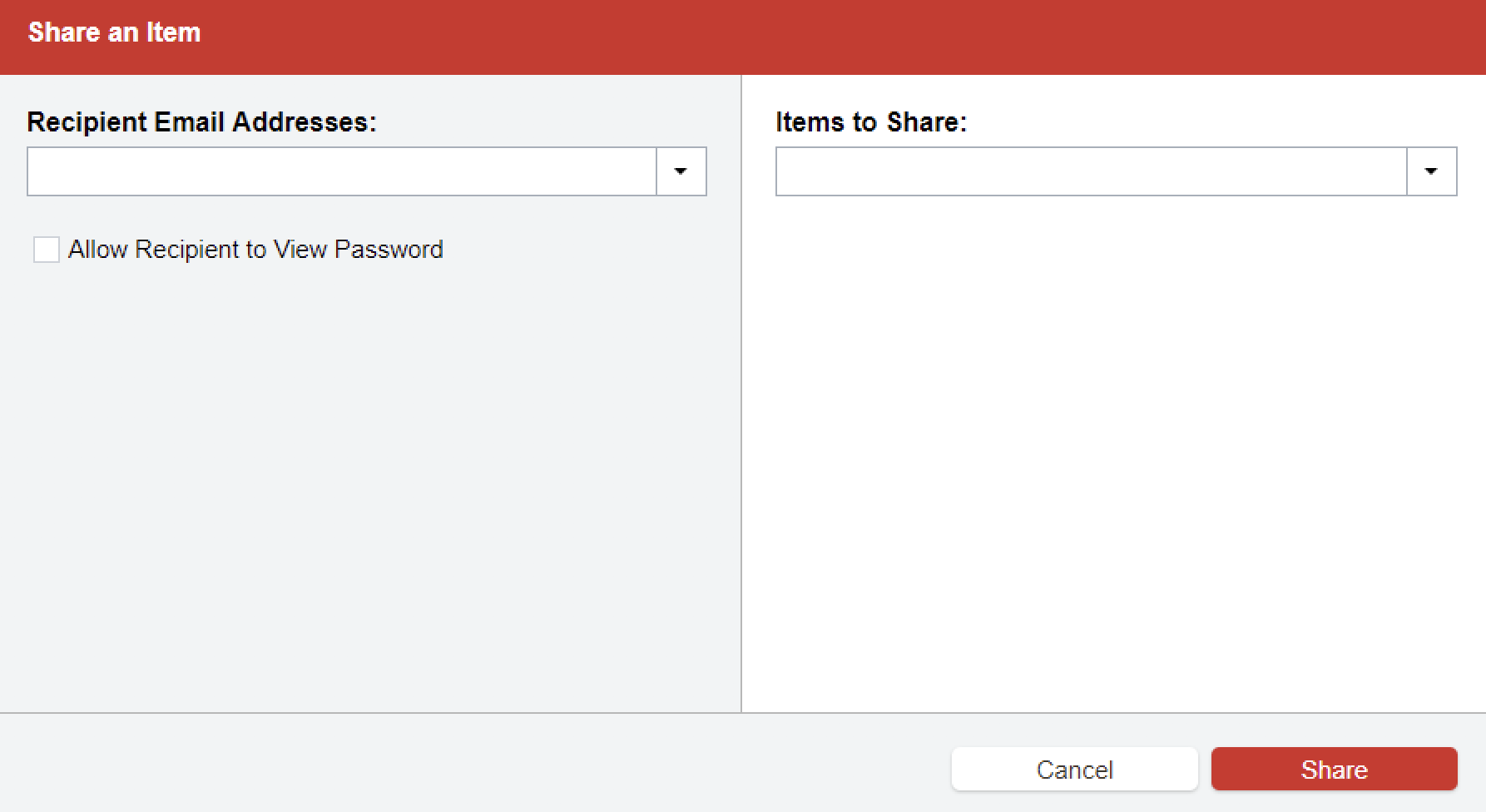 The sharing center in LastPass, opened to share a single login with another user