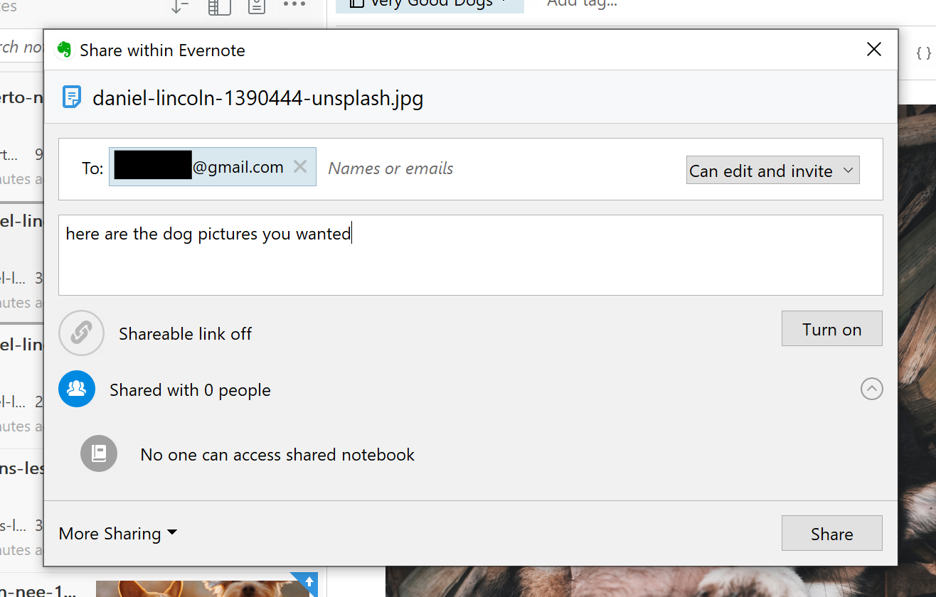 Evernote share window