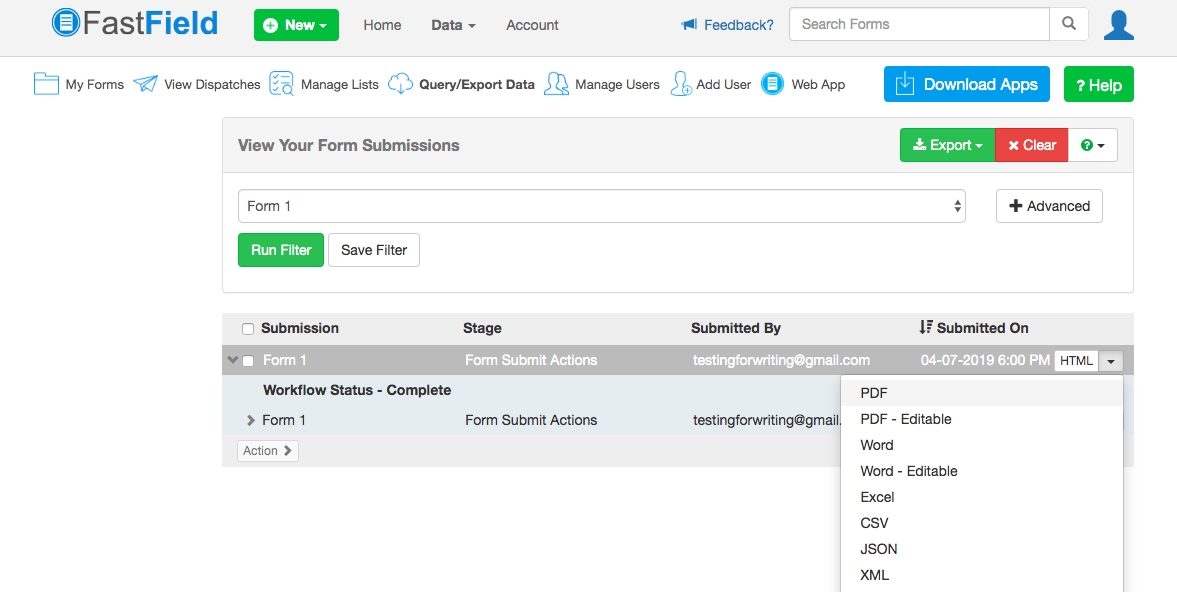 Export form data directly into a PDF or Word template with FastField.