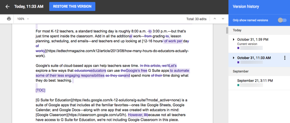 Google Docs version history