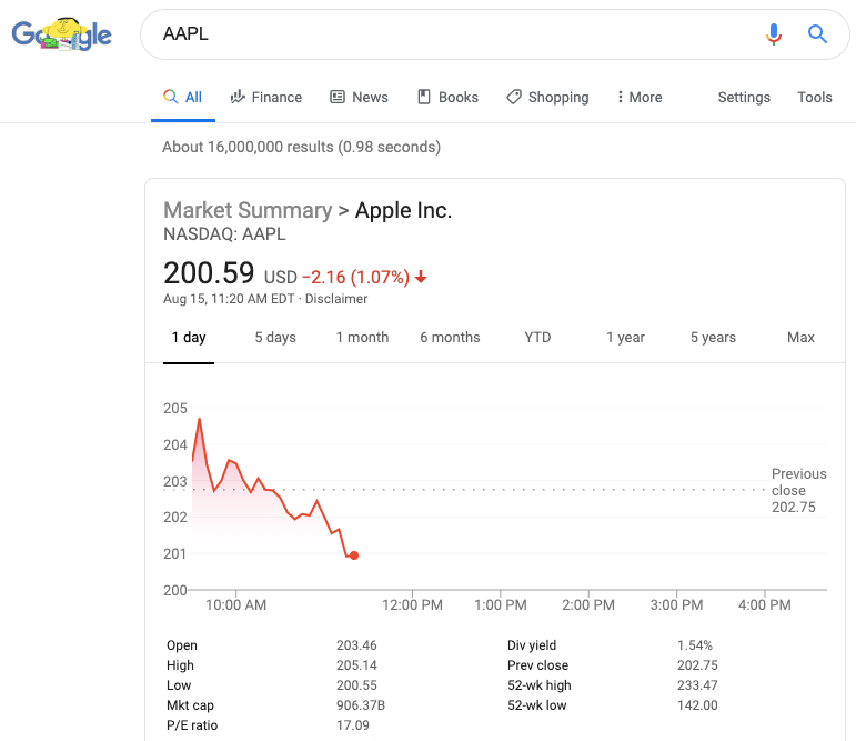 get stock prices in Google Search