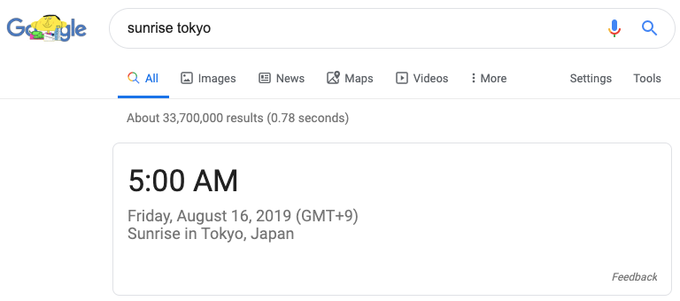 Google Search sunrise and sunset instant answer