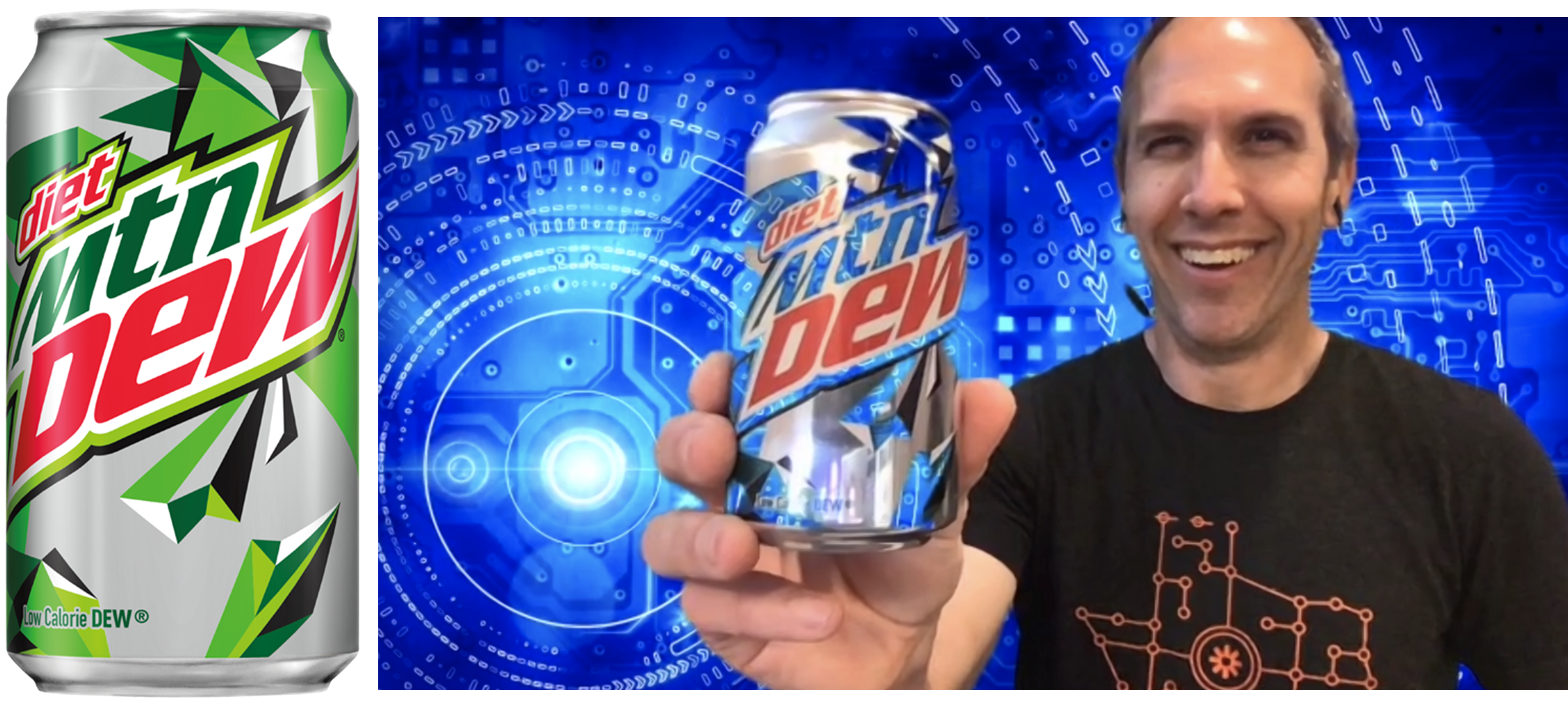 The green parts of a Mountain Dew can looking blue against Ben's blue background