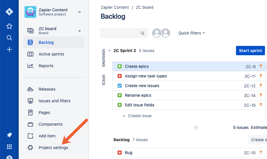 open project settings in Jira