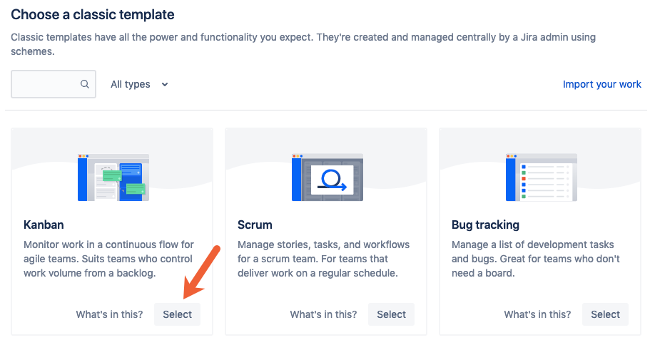 select a Jira project template