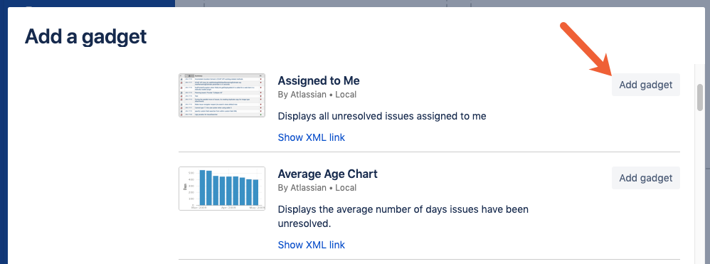 select gadgets for Jira dashboard