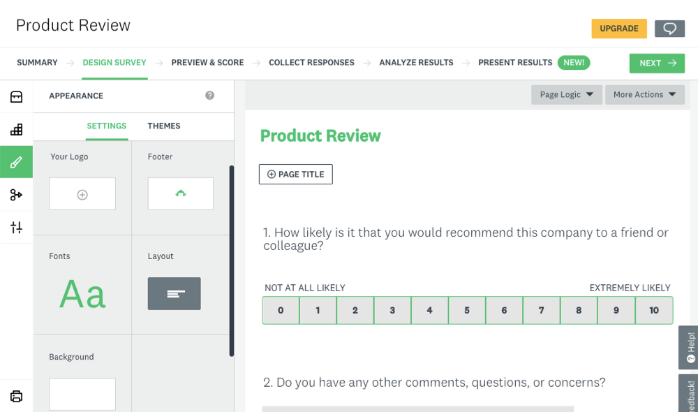 SurveyMonkey design and customization options