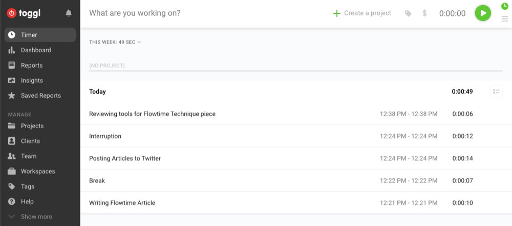 Toggl screenshot
