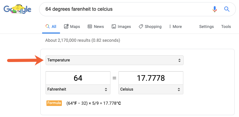 Google search results unit converter