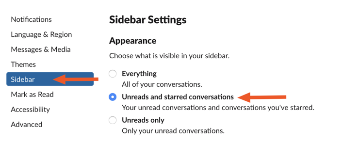 Sidebar settings in Slack