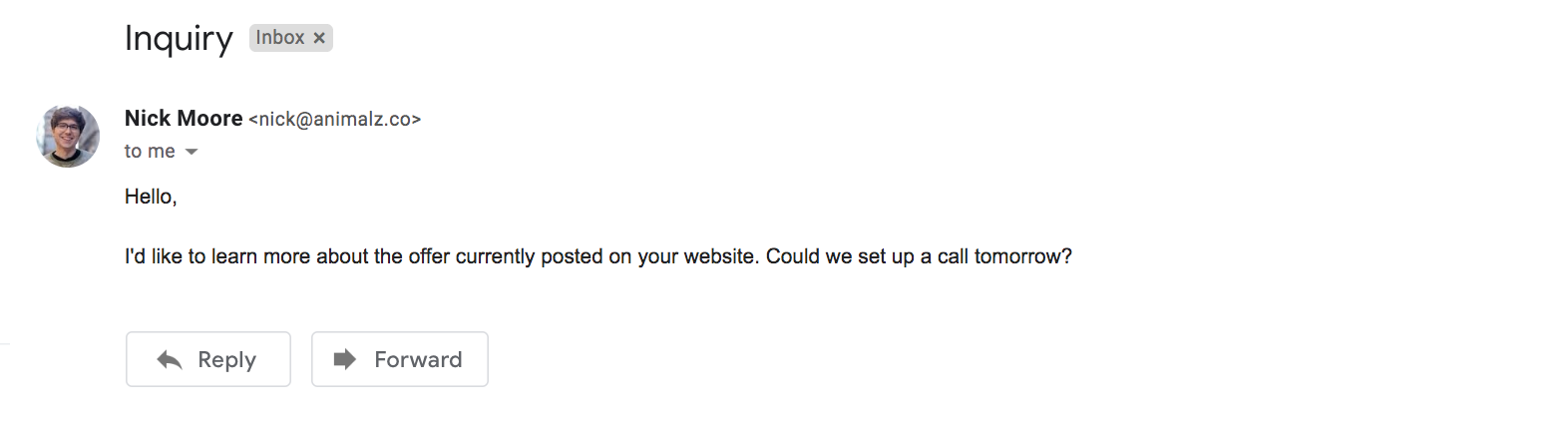 An inquiry email received via Gmail asks the recipient for a meeting