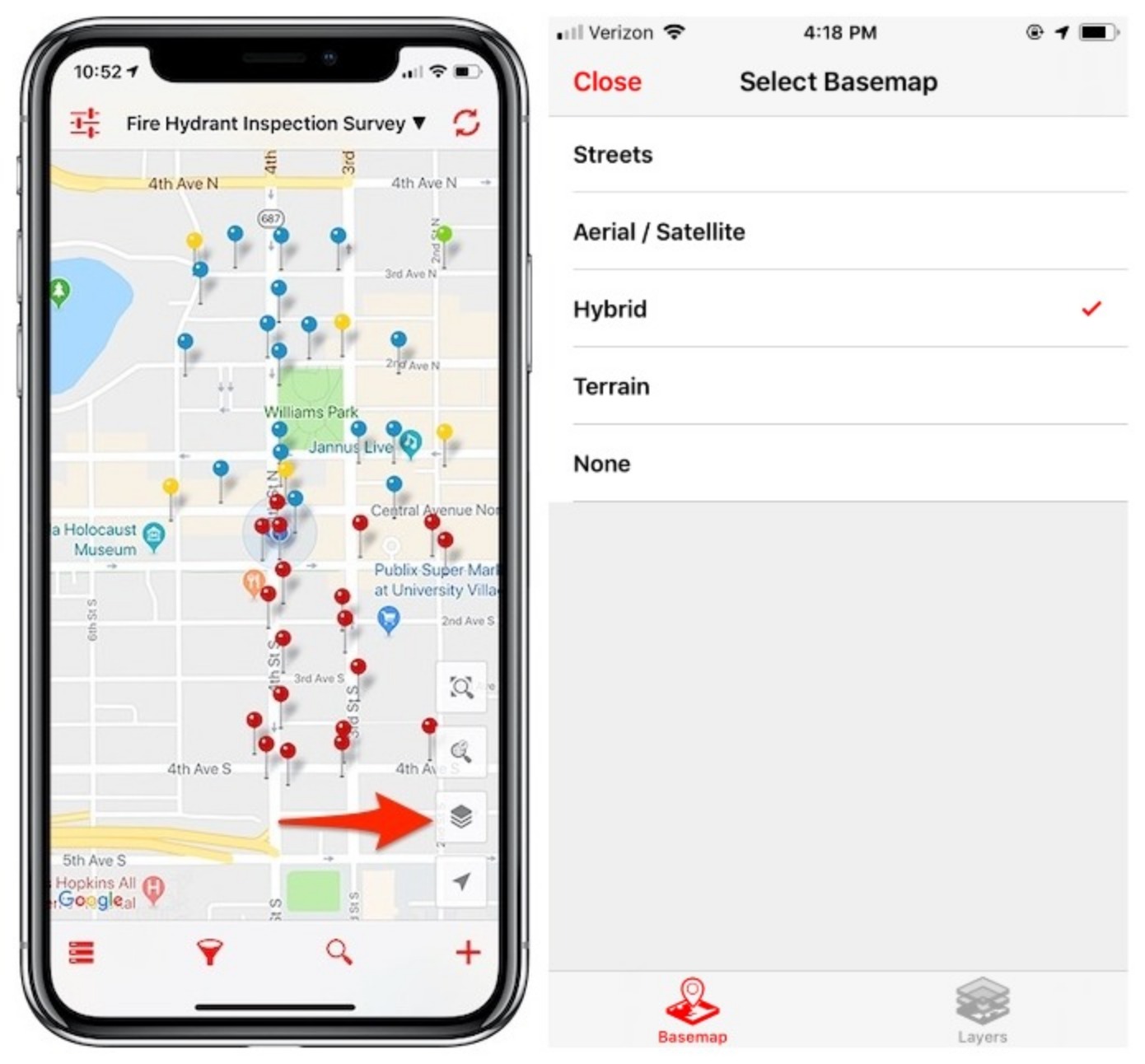 Overlay form entries on basemaps and custom map layers with Fulcrum.