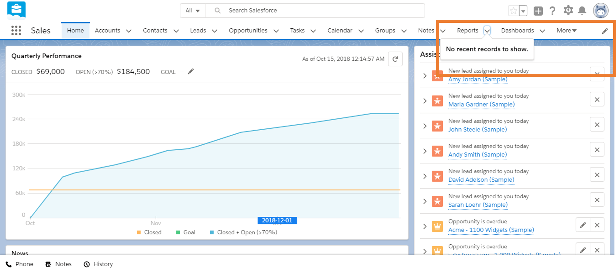 To get started, you'll find the Reports tab accessible in the top right of the Salesforce standard configuration